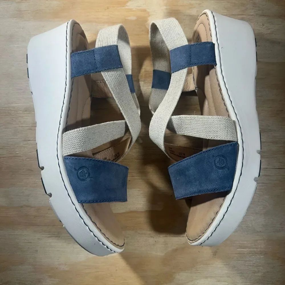 Born Kasady Blue Suede and Cream Elastic Strap Wedge Sandals Women’s Size 10 - Picture 2 of 9